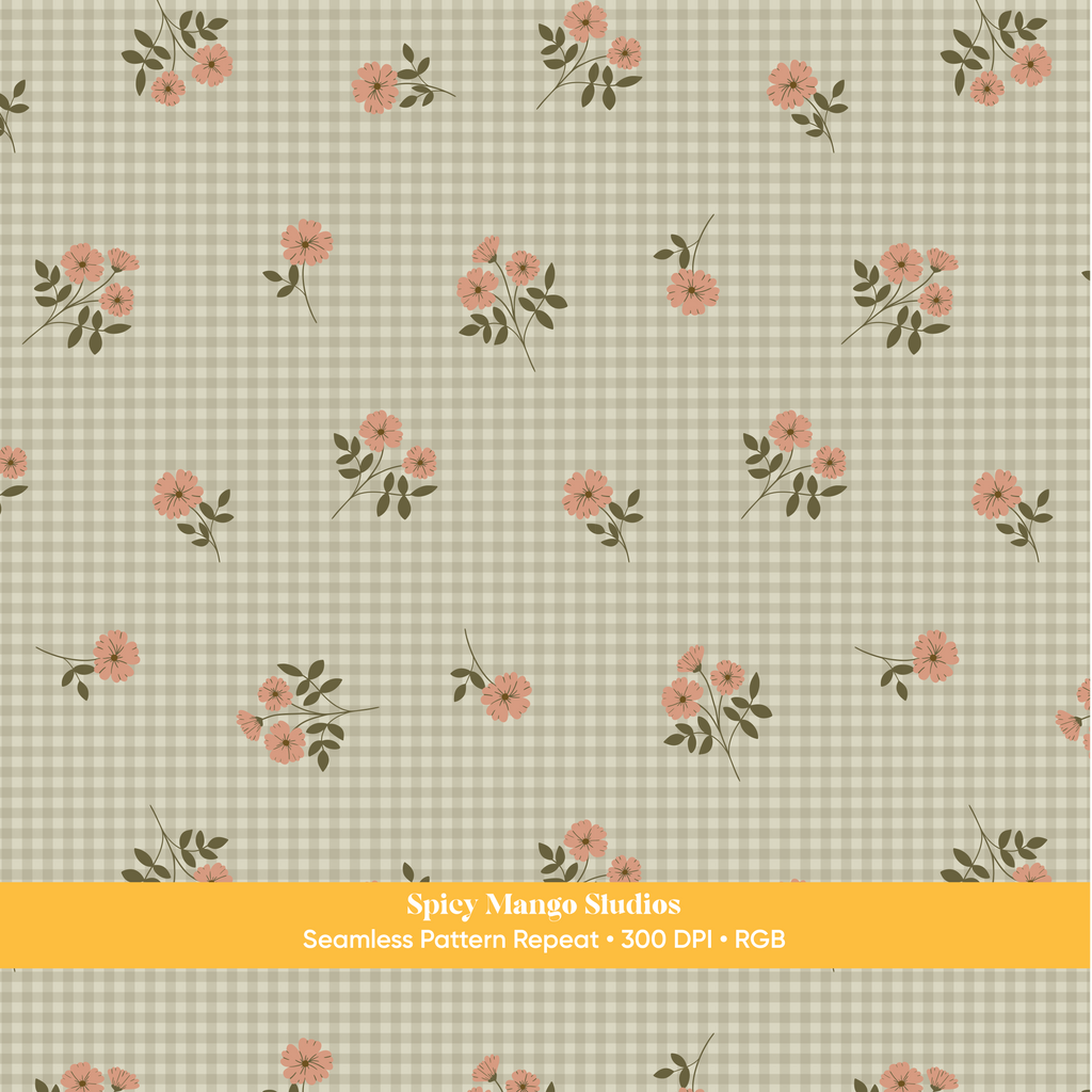 Green Fall Floral Gingham Seamless Pattern