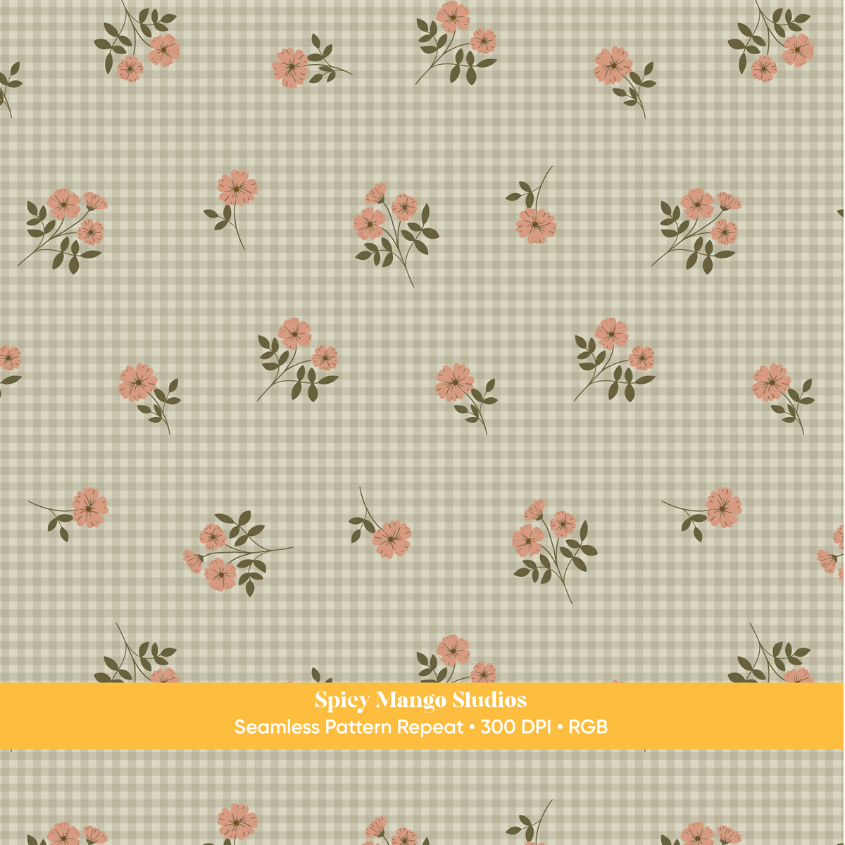 Green Fall Floral Gingham Seamless Pattern