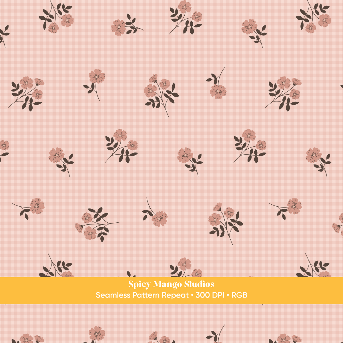 Pink Fall Floral Gingham Seamless Pattern