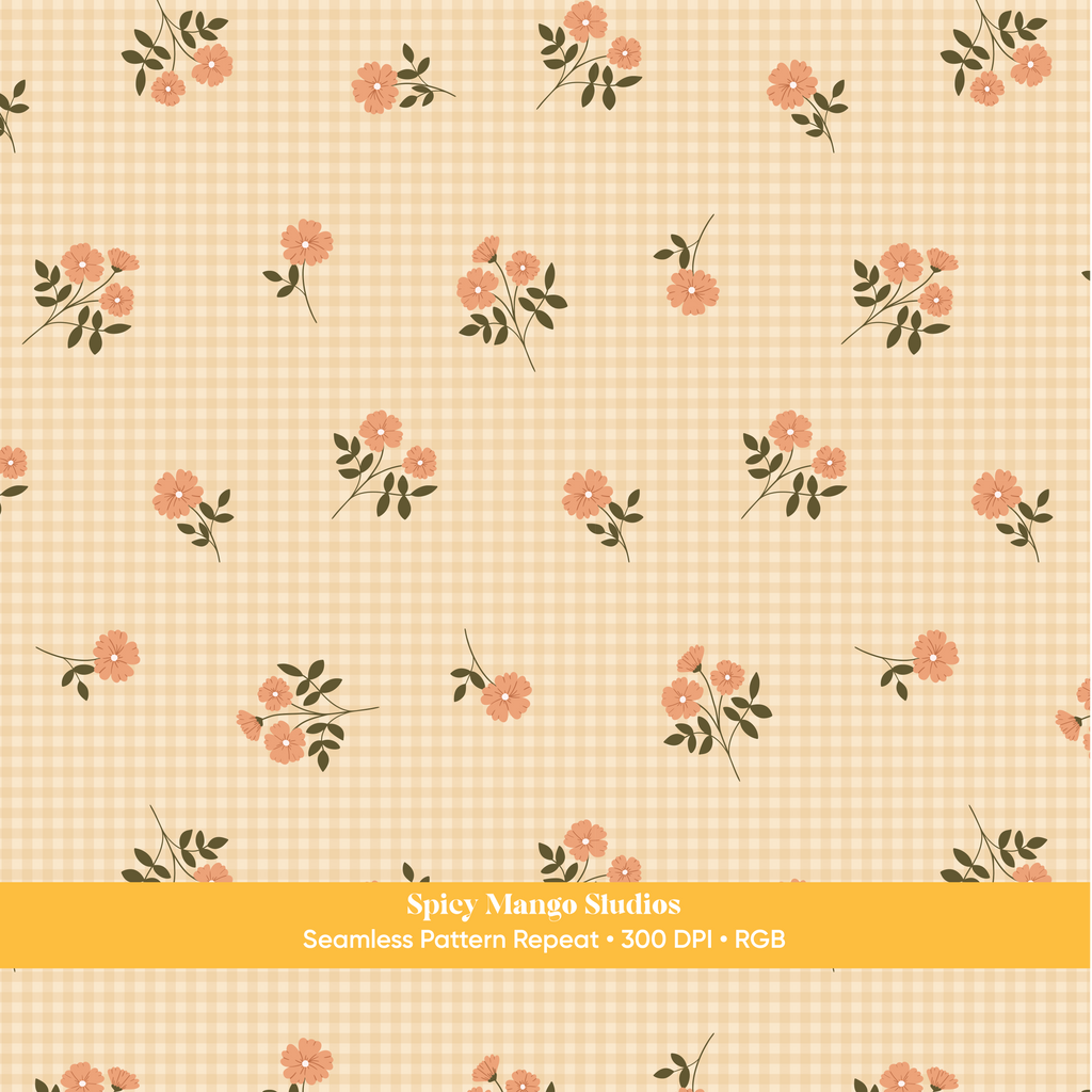 Yellow Fall Floral Gingham Seamless Pattern