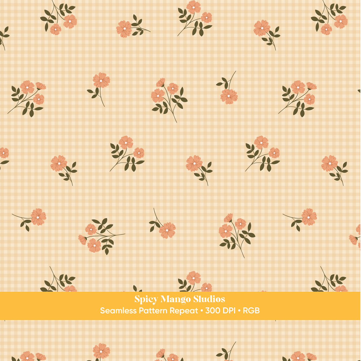 Yellow Fall Floral Gingham Seamless Pattern