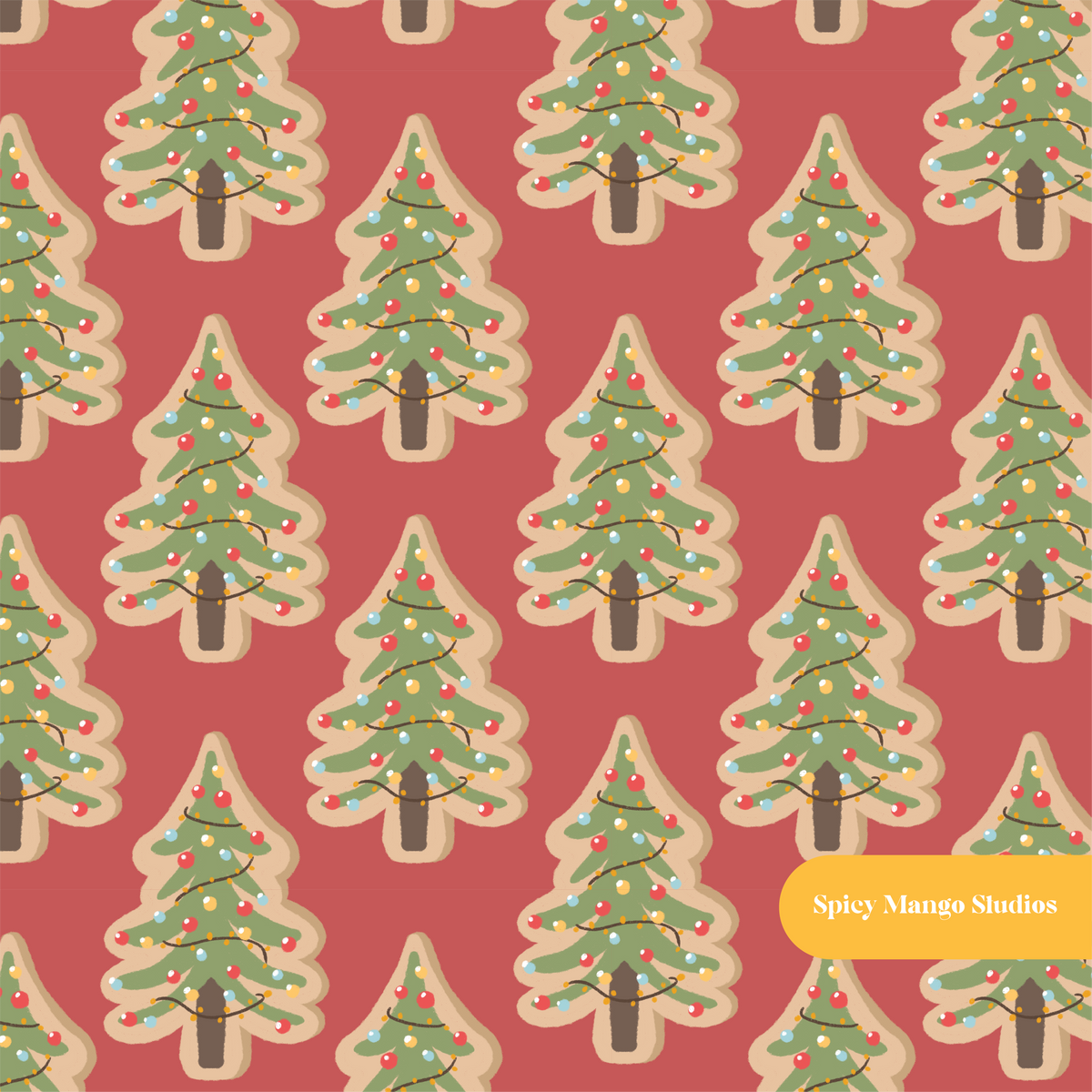Vintage Red Christmas Tree Cookies Seamless Pattern