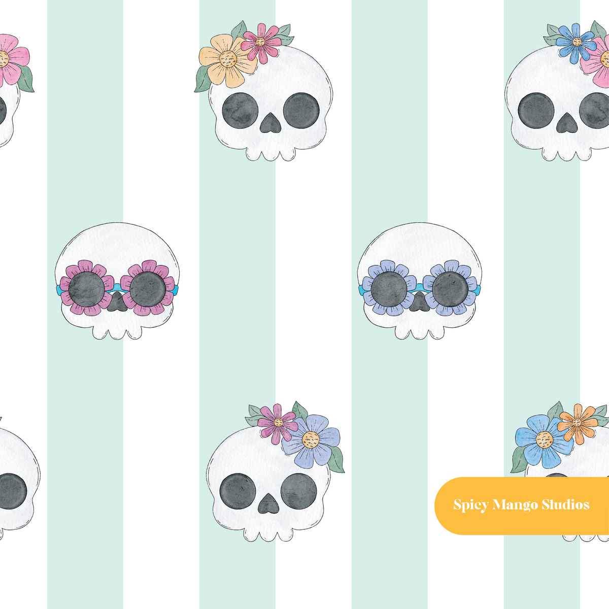 Mint and White Groovy Skeletons Seamless Pattern