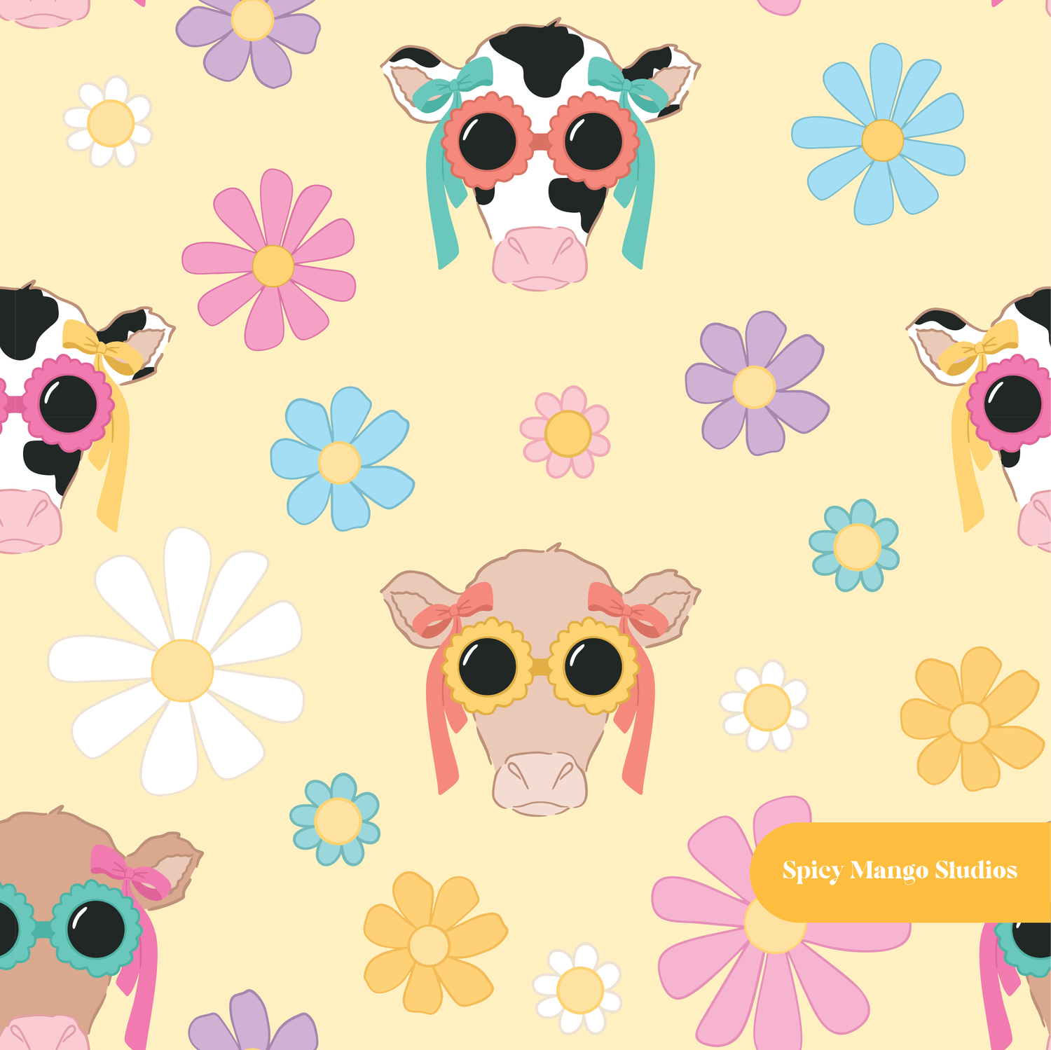 Pastel Yellow Groovy Cow Seamless Pattern