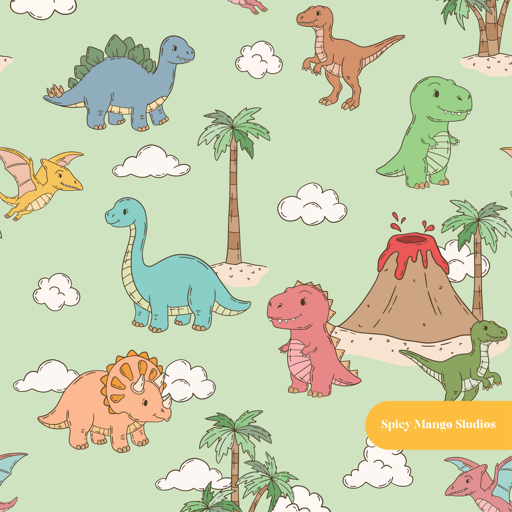 Green Happy Dinos Seamless Pattern