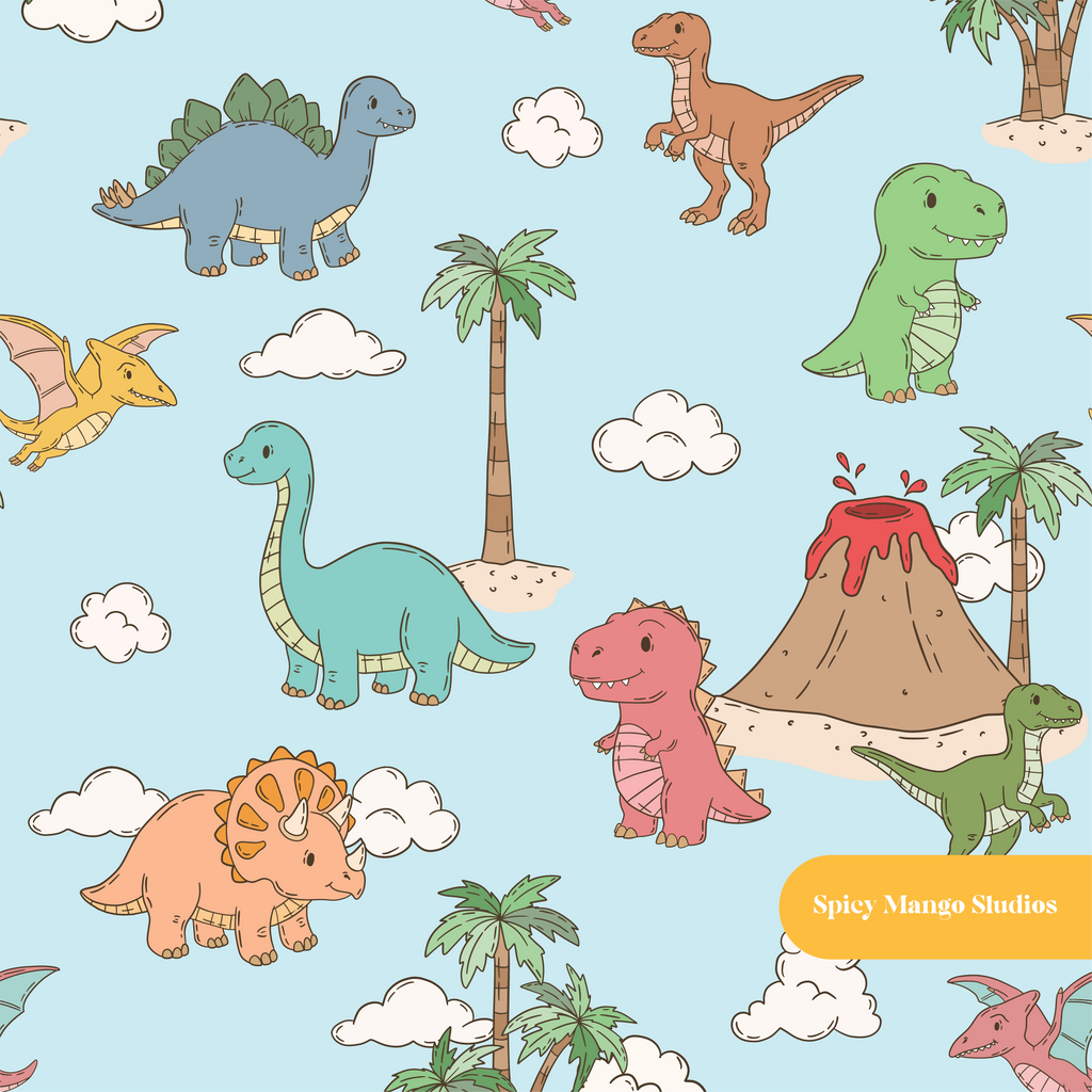 Light Blue Happy Dinos Seamless Pattern