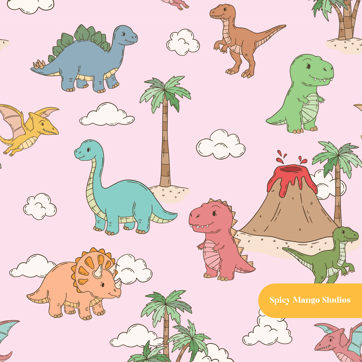 Pink Happy Dinos Seamless Pattern