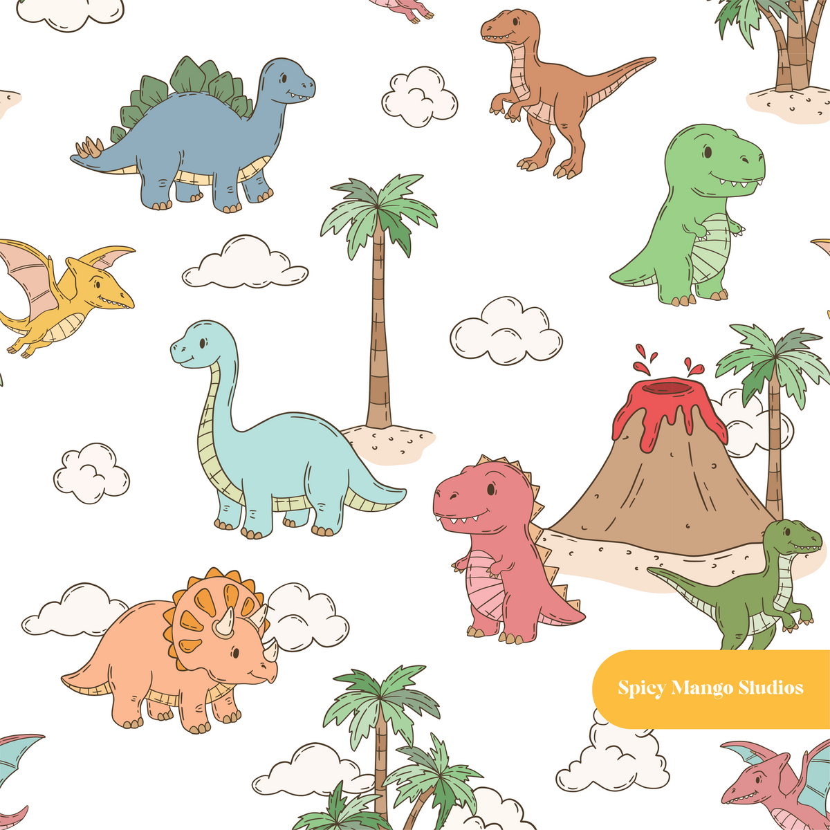 White Happy Dinos Seamless Pattern