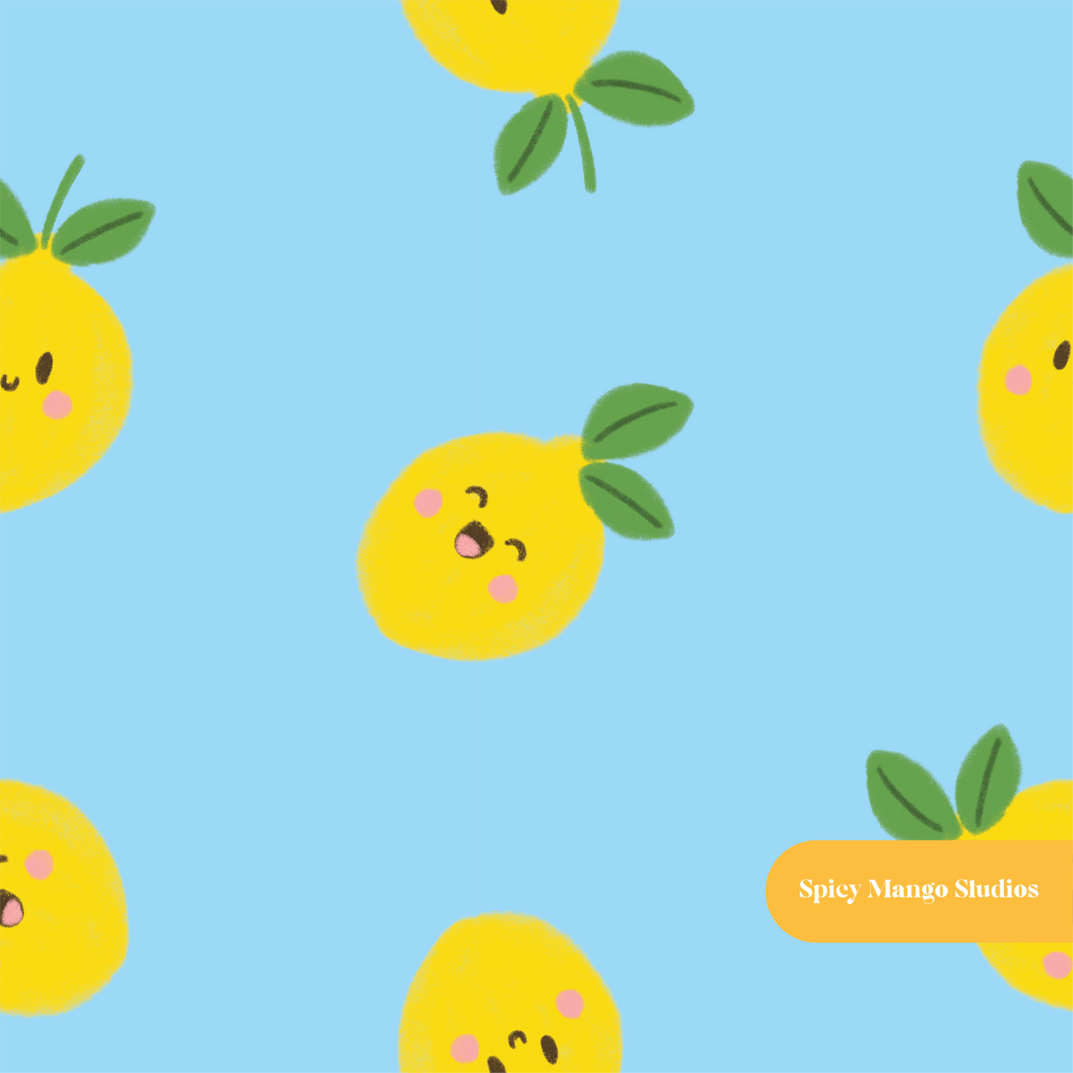 Blue Happy Lemons Seamless Pattern