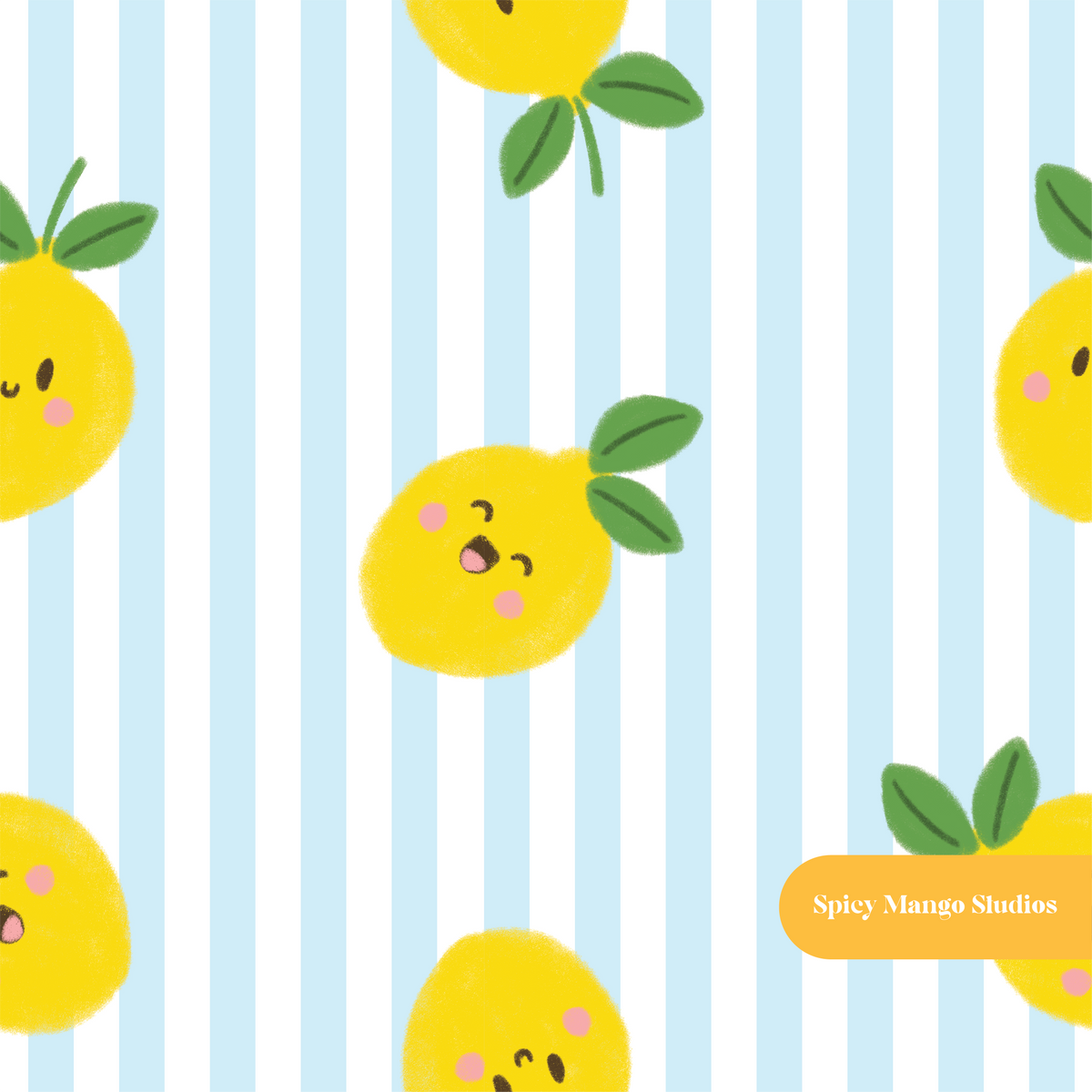 Light Blue Stripe Happy Lemons Seamless Pattern
