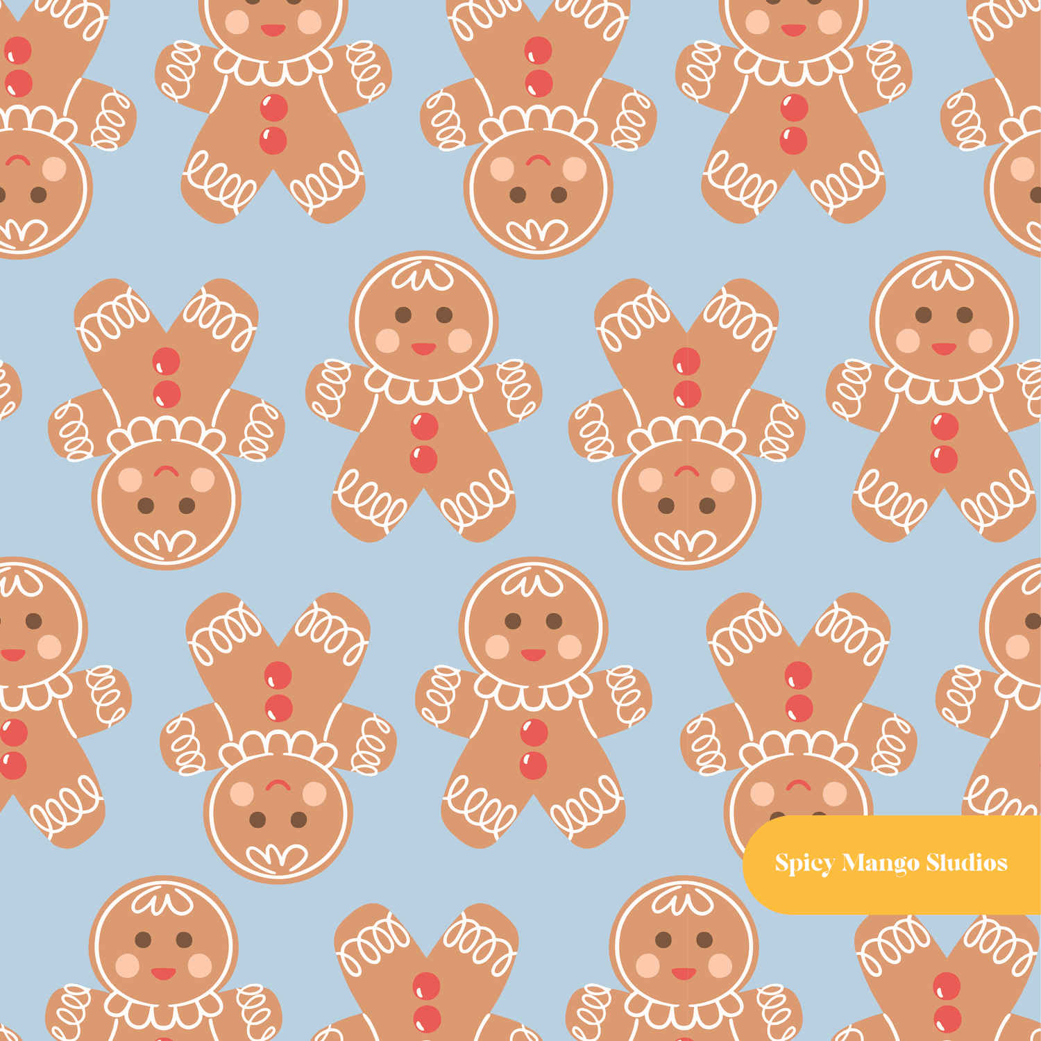 Snowy Blue Jolly Gingerbread Christmas Seamless Pattern