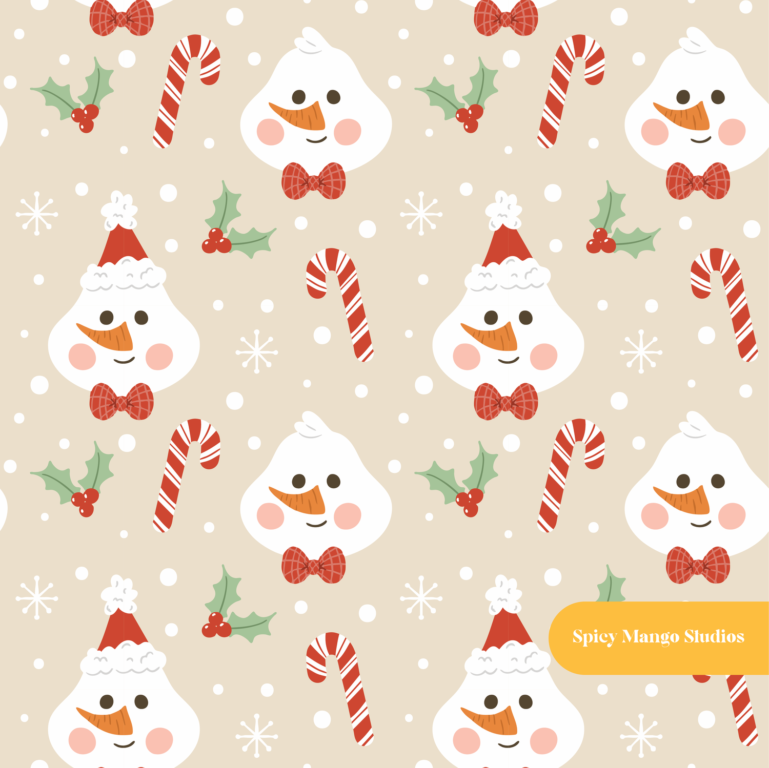 Neutral Jolly Snowman Winter Seamless Pattern