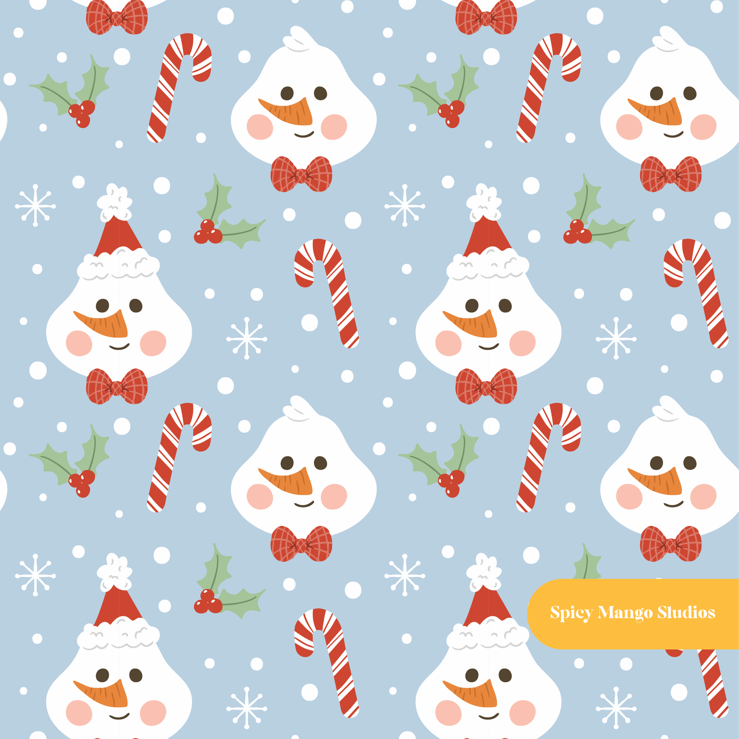 Snowy Blue Jolly Snowman Winter Seamless Pattern