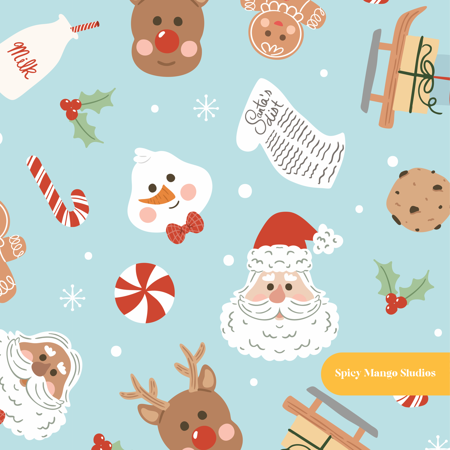 Light Blue Jolly Saint Nick Christmas Seamless Pattern