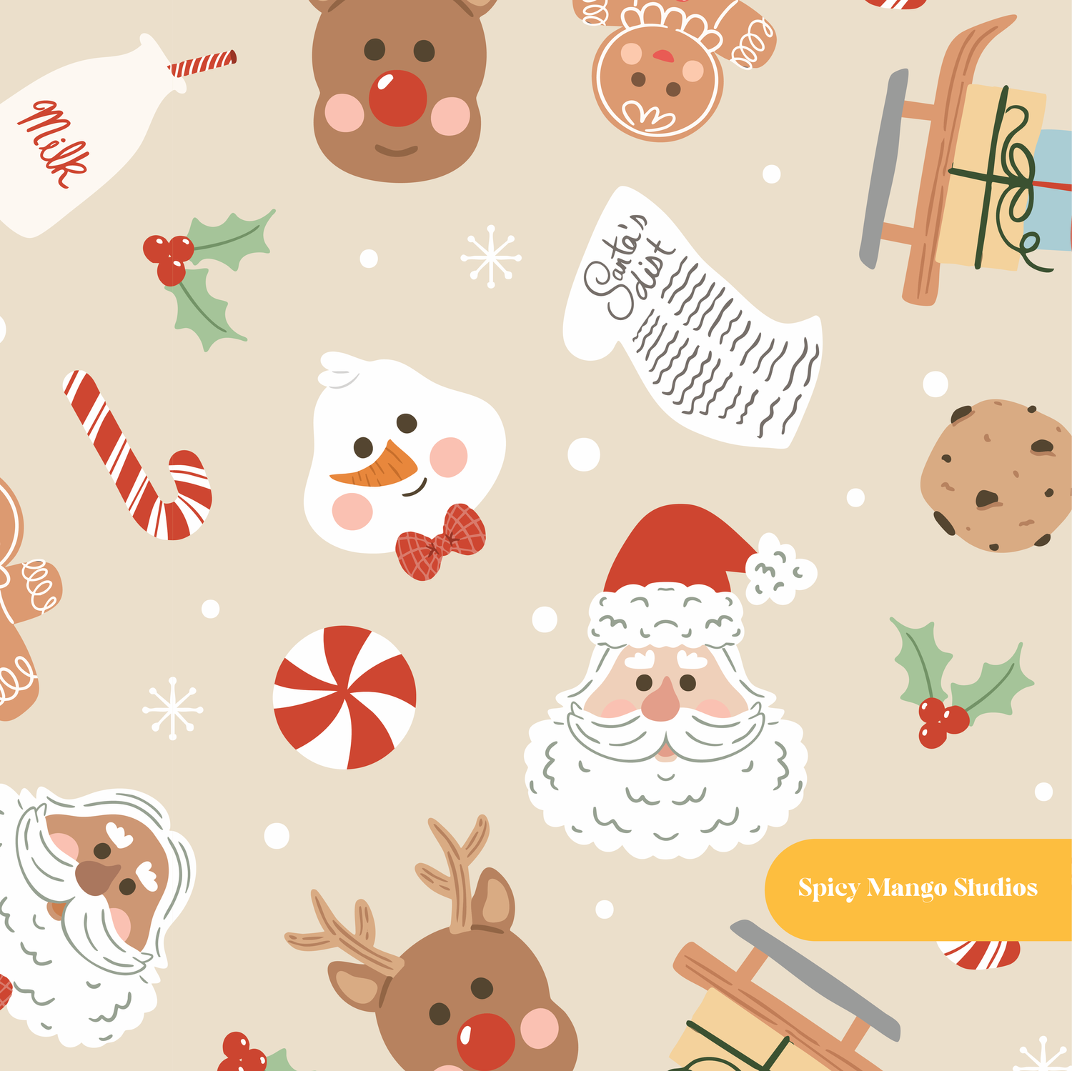Neutral Jolly Saint Nick Christmas Seamless Pattern