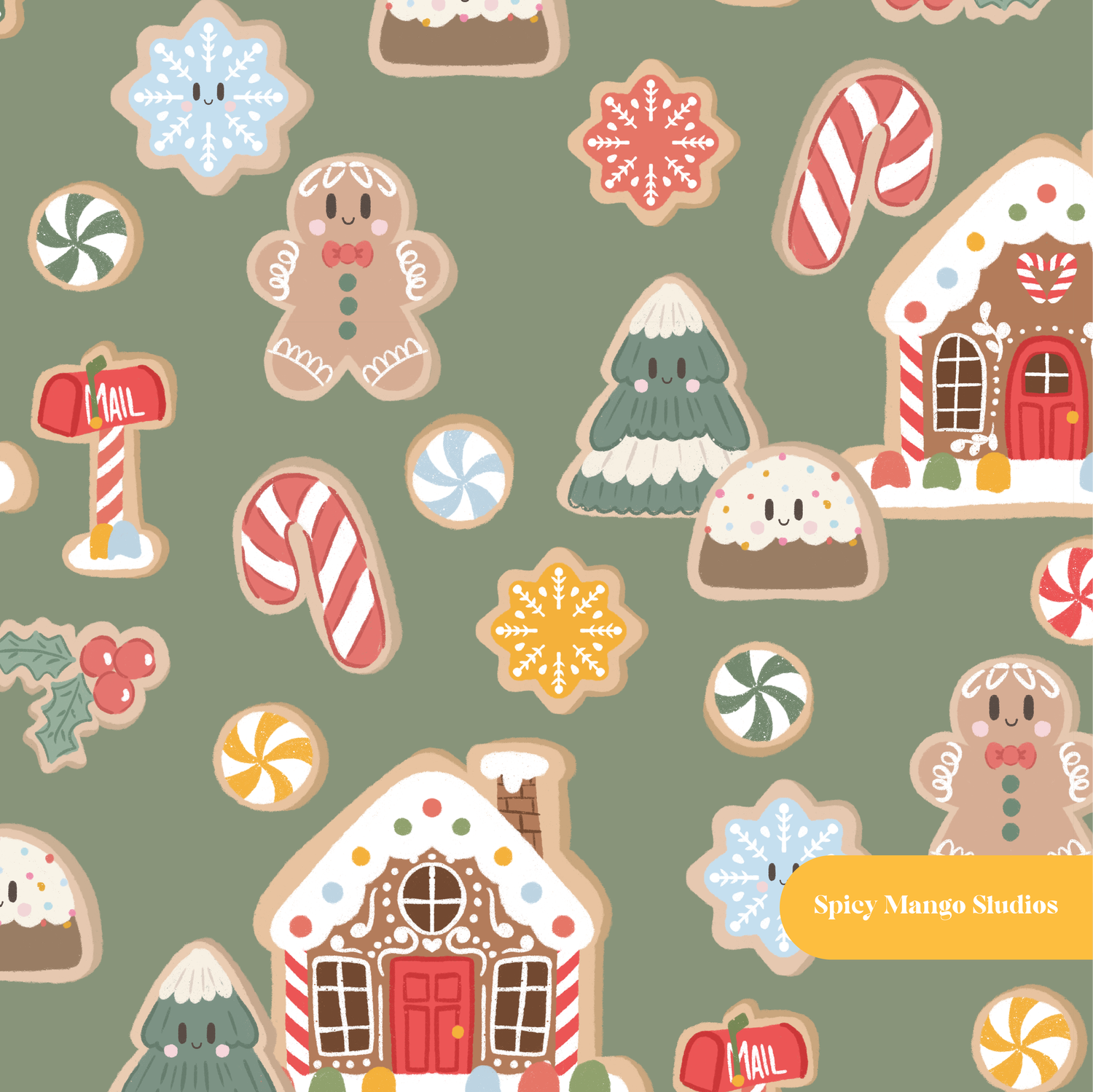 Green Christmas Gingerbread Houses Seamless Pattern