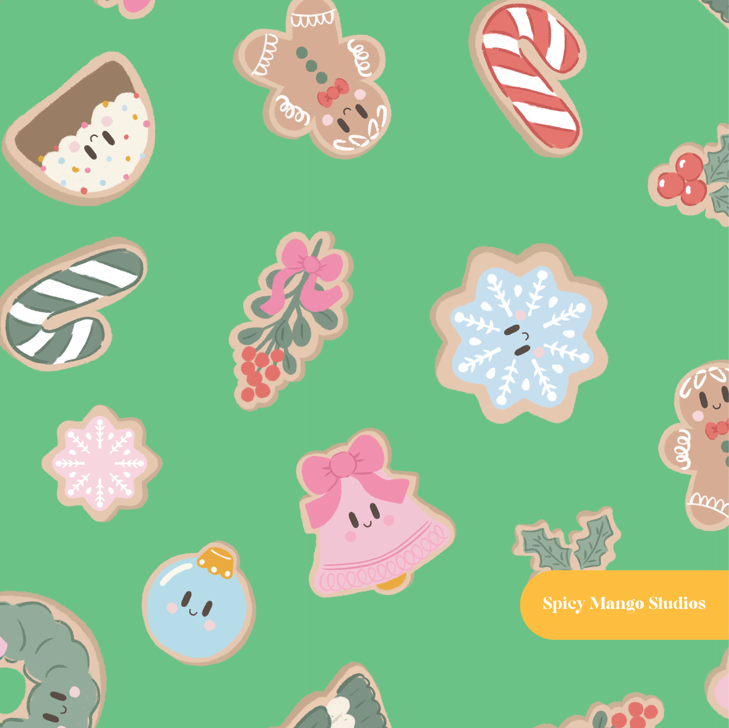 Green Christmas Gingerbread Cookies Seamless Pattern