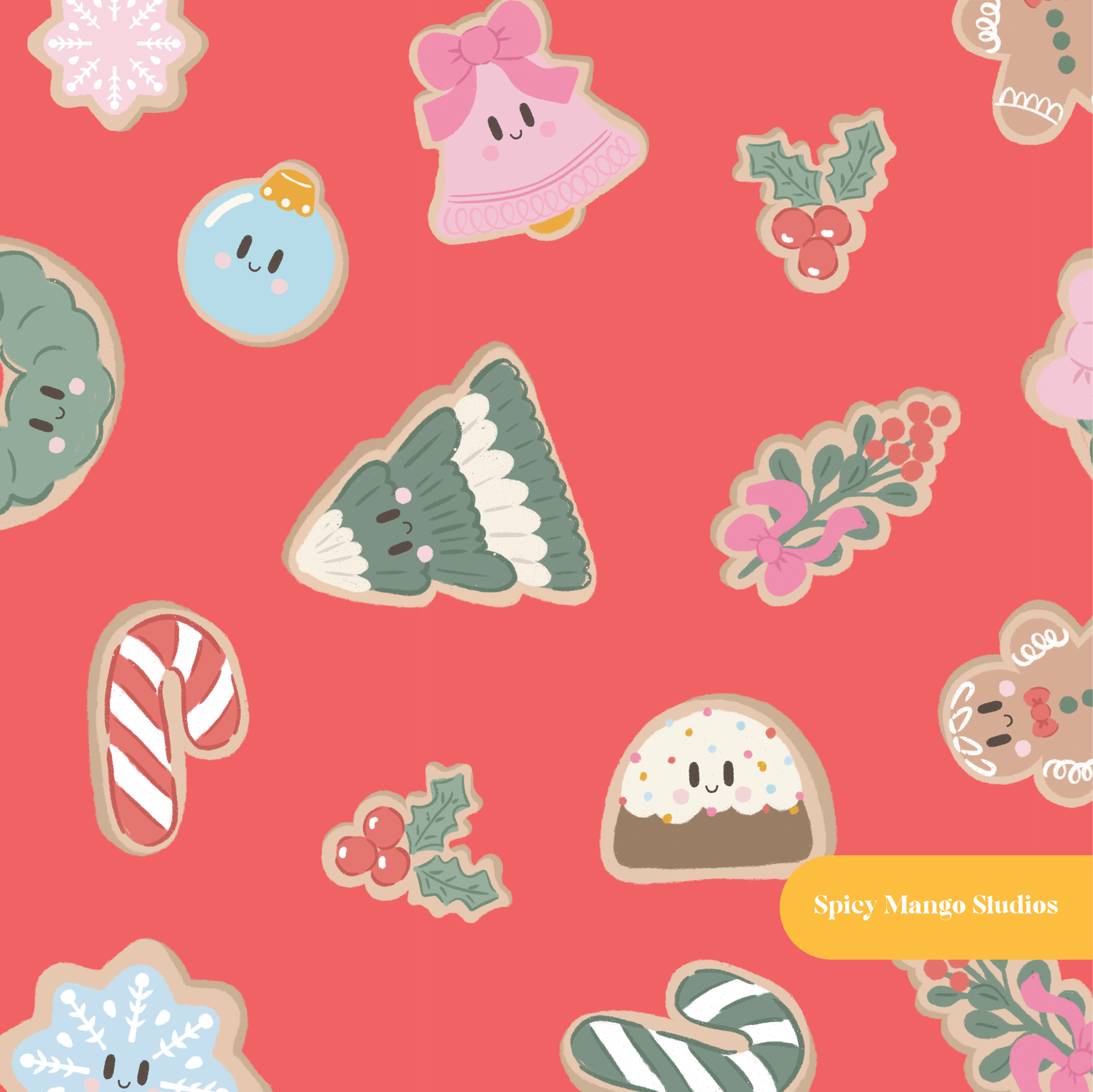 Red Christmas Gingerbread Cookies Seamless Pattern