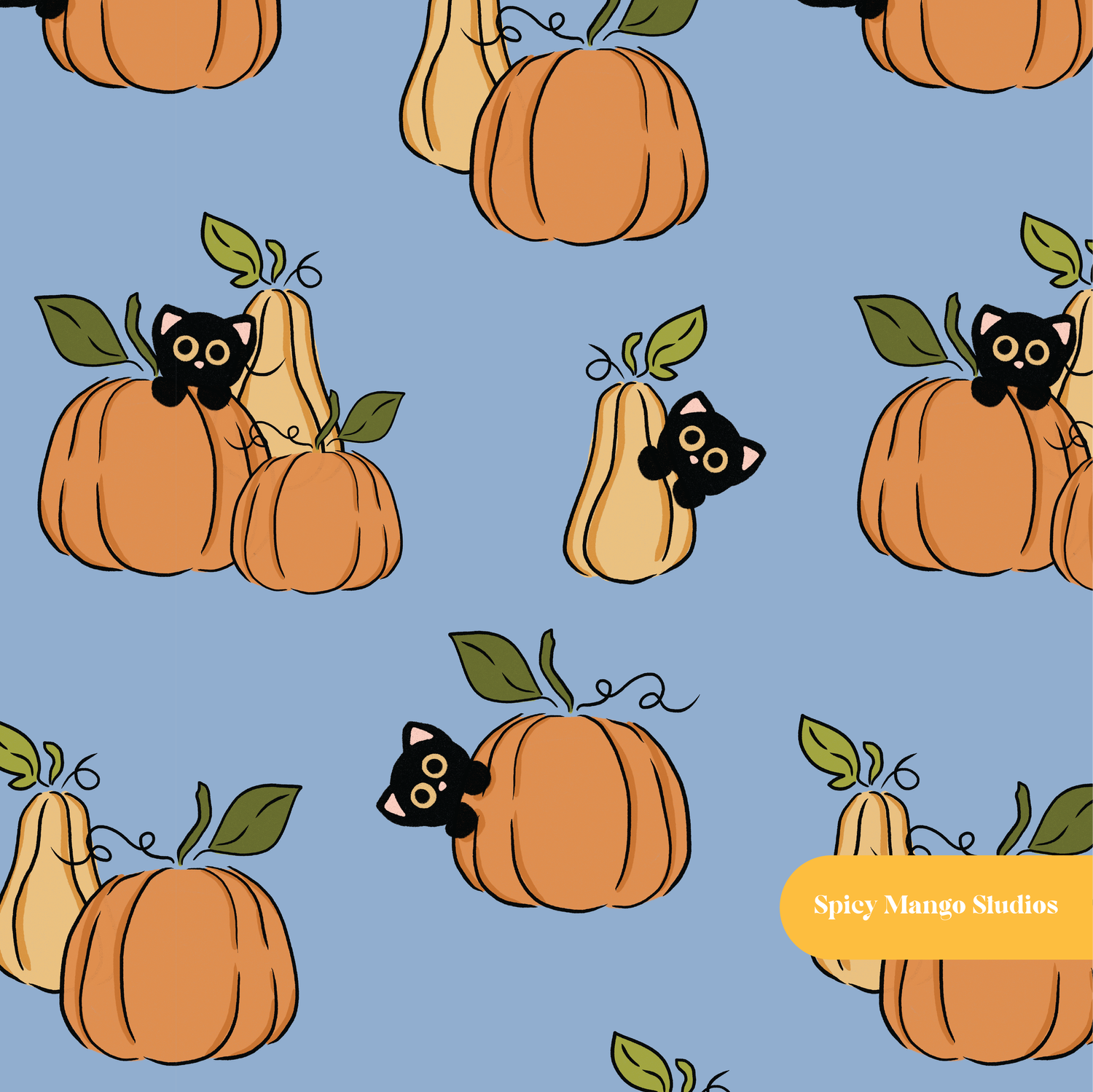 Blue Kitty Pumpkins Halloween Seamless Pattern