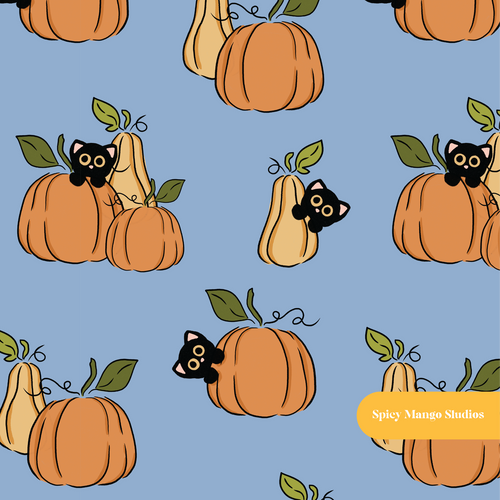 Blue Kitty Pumpkins Halloween Seamless Pattern