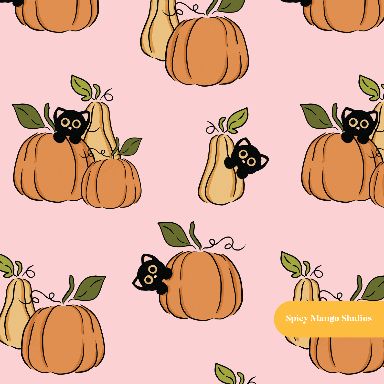 Pink Kitty Pumpkins Halloween Seamless Pattern