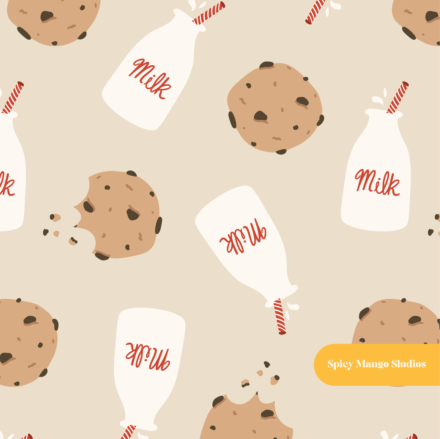 Neutral Milk and Cookies Seamless Pattern