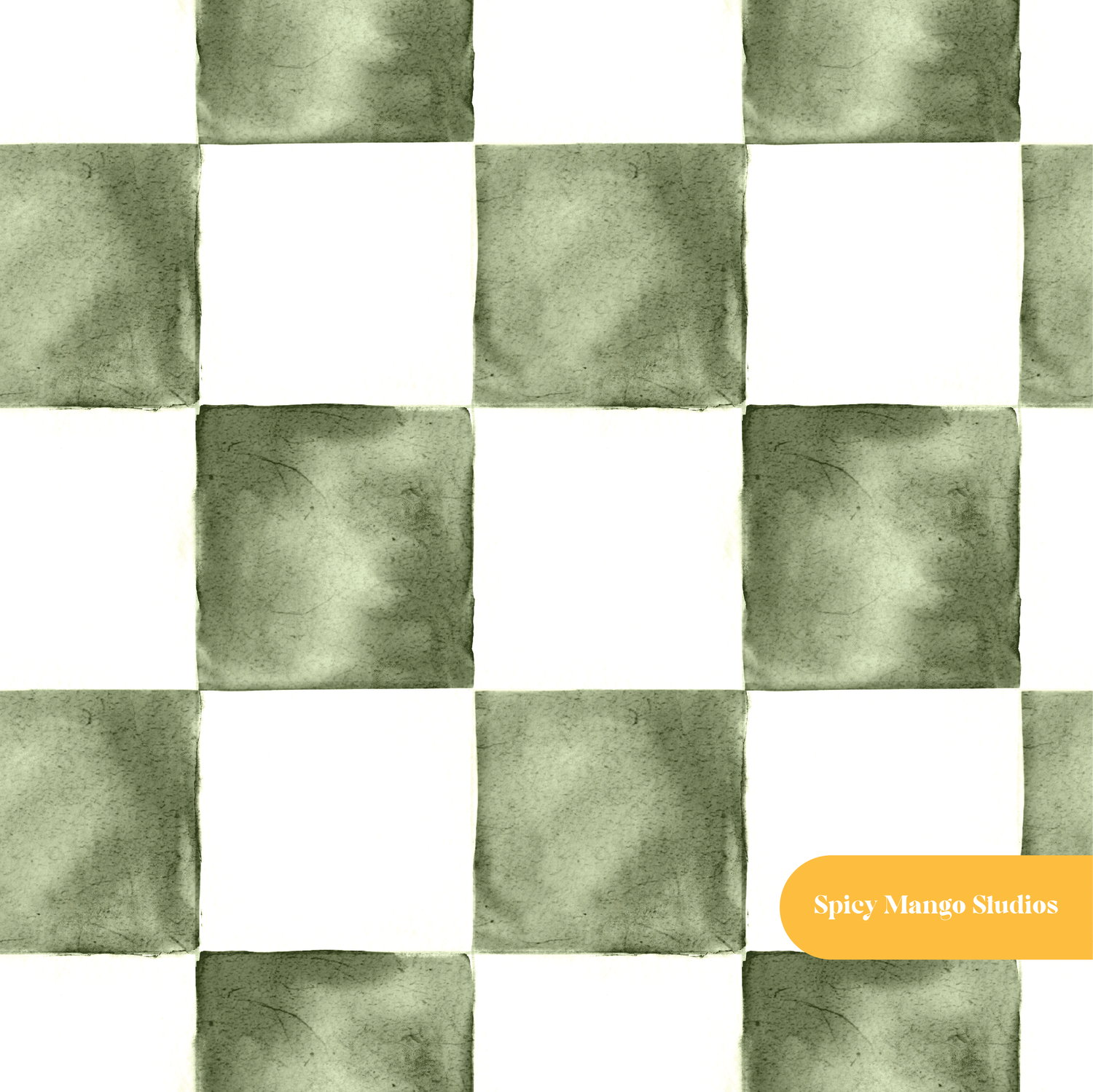 Olive and White Monika Watercolor Checker Seamless Pattern