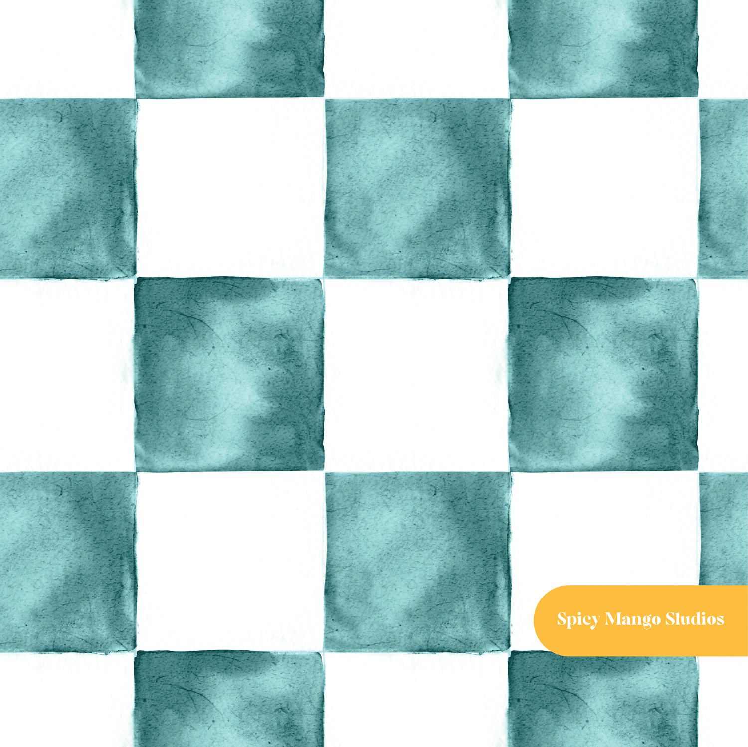 Teal and White Monika Watercolor Checker Seamless Pattern