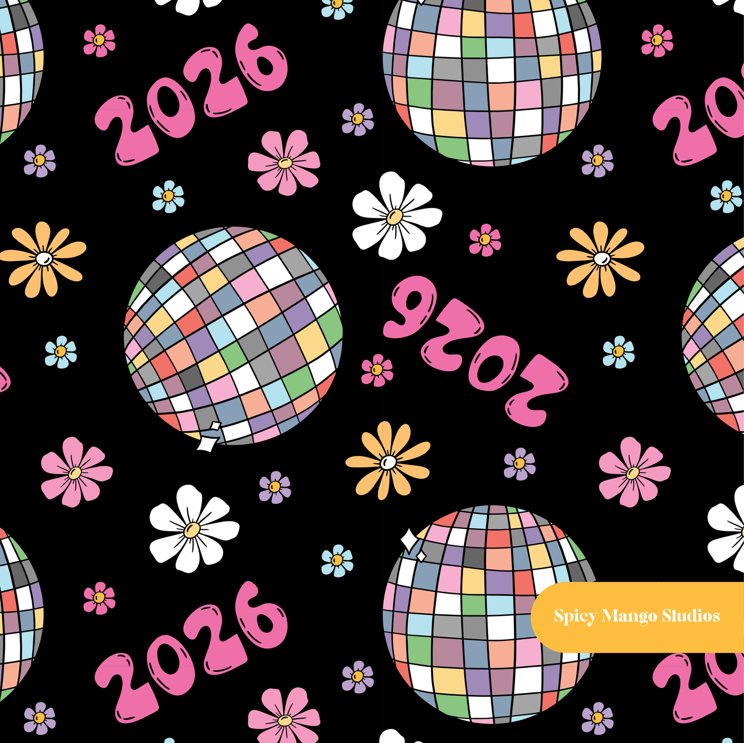 Black New Years 2026 Seamless Pattern