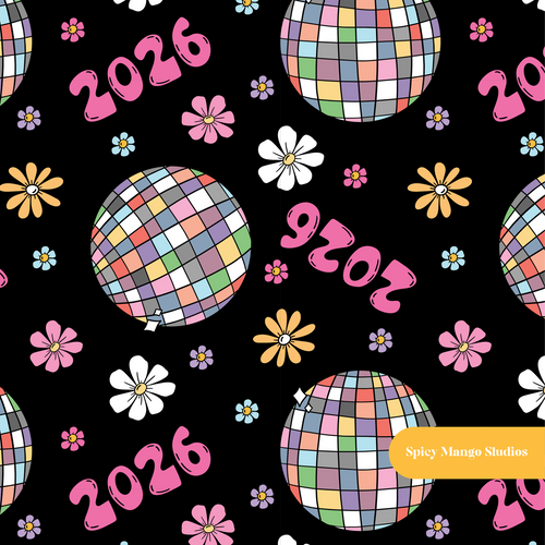 Black New Years 2026 Seamless Pattern