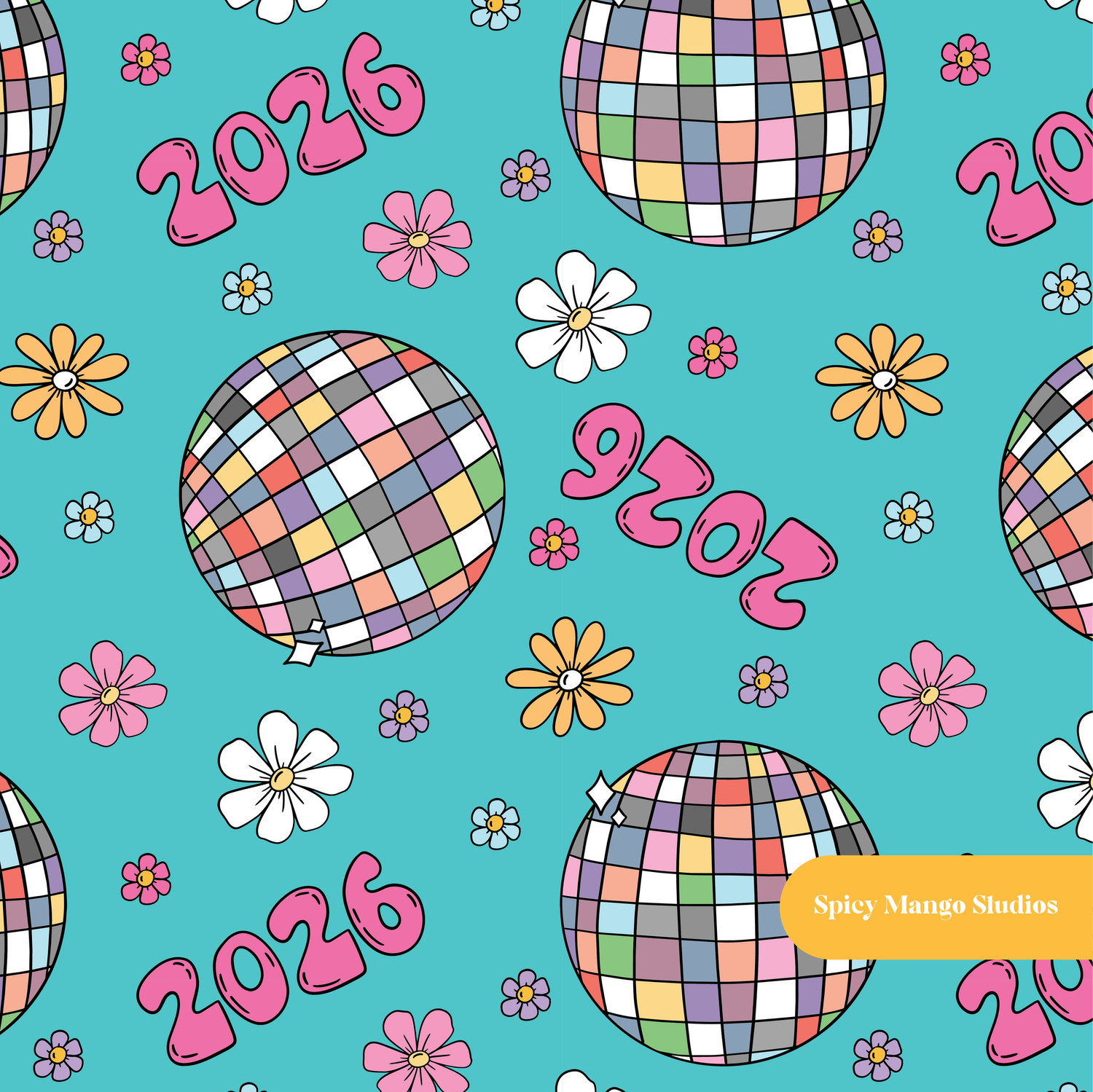 Teal New Years 2026 Seamless Pattern