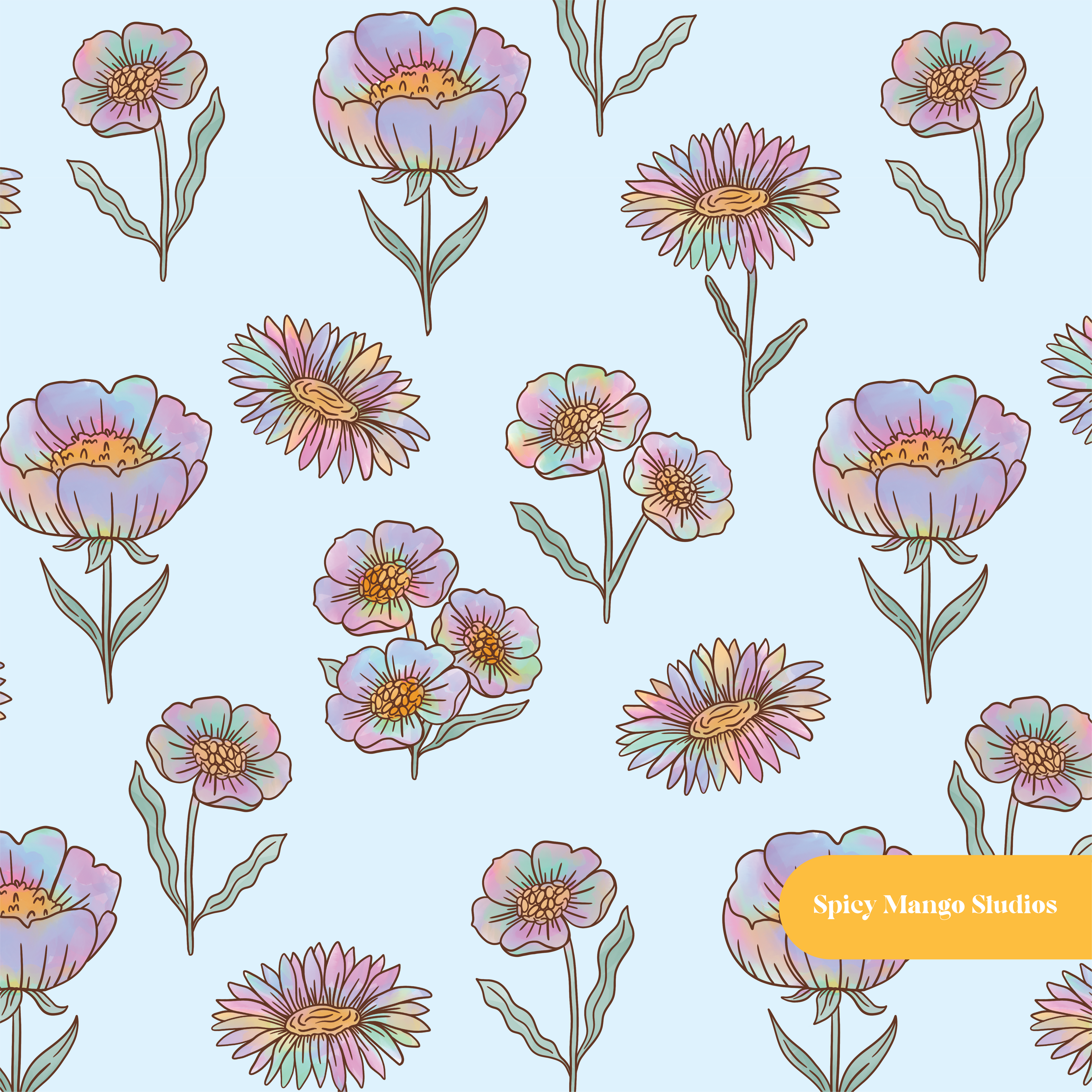 Light Blue Rainbow Floral Seamless Pattern – Digital Download