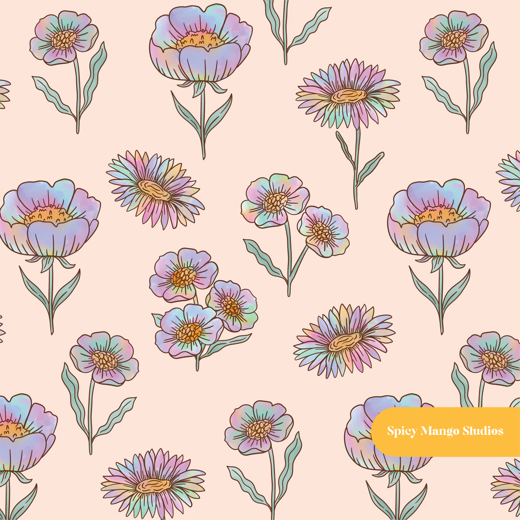 Peach Rainbow Floral Seamless Pattern – Digital Download