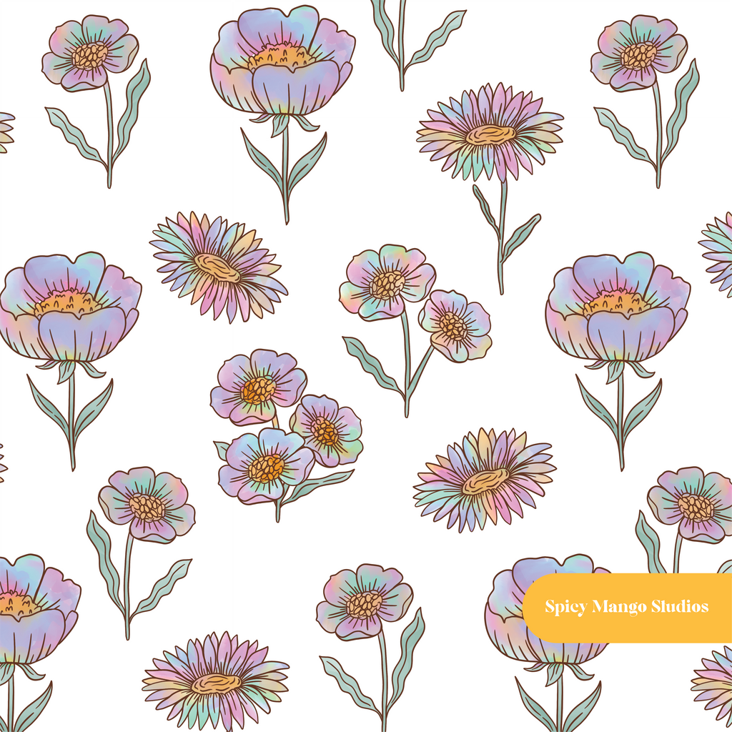 White Rainbow Floral Seamless Pattern – Digital Download