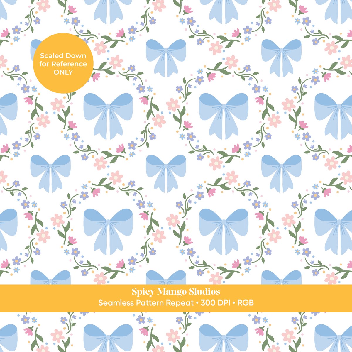 White & Blue Coquette Bow Floral Seamless Pattern