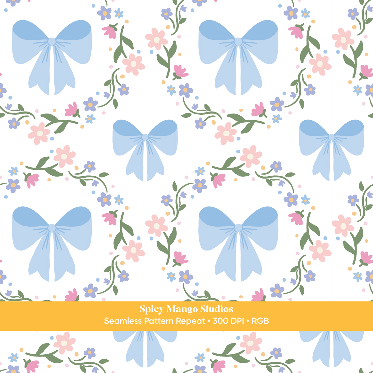White & Blue Coquette Bow Floral Seamless Pattern