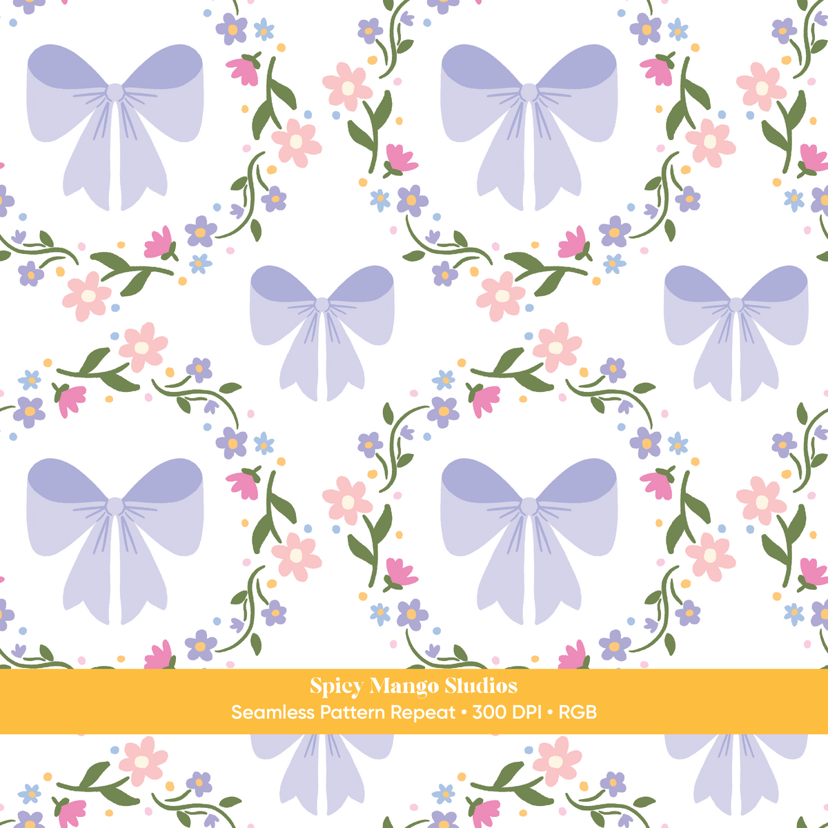 White & Lavender Coquette Bow Floral Seamless Pattern