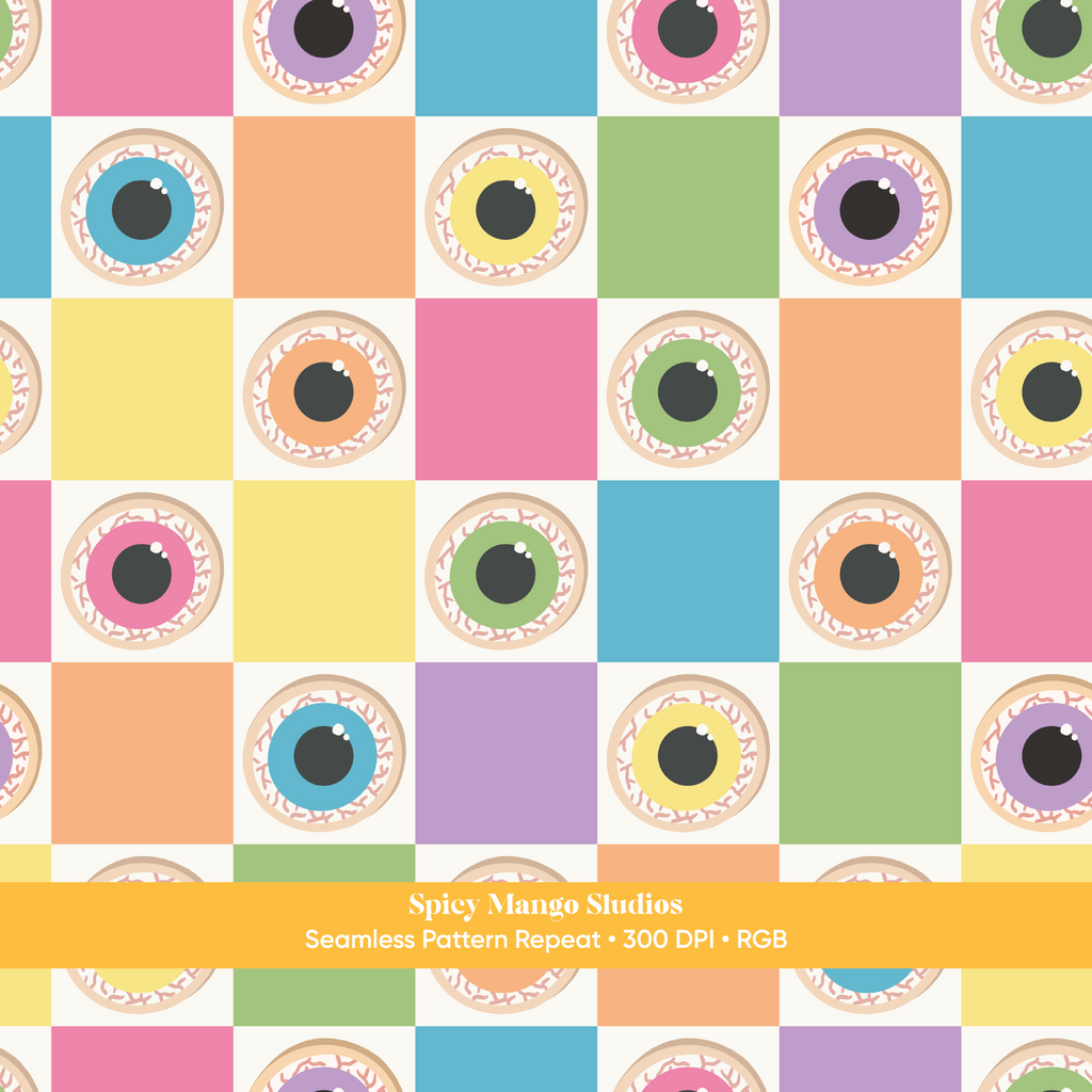 Rainbow Pastel Halloween Eyeball Checkered Seamless Pattern