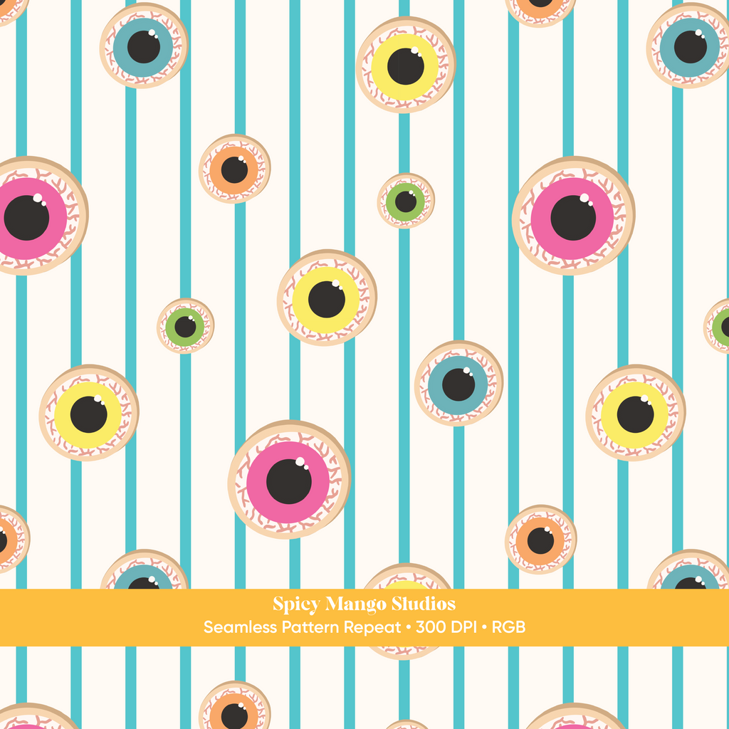 Aqua Halloween Eyeball Stripe Seamless Pattern