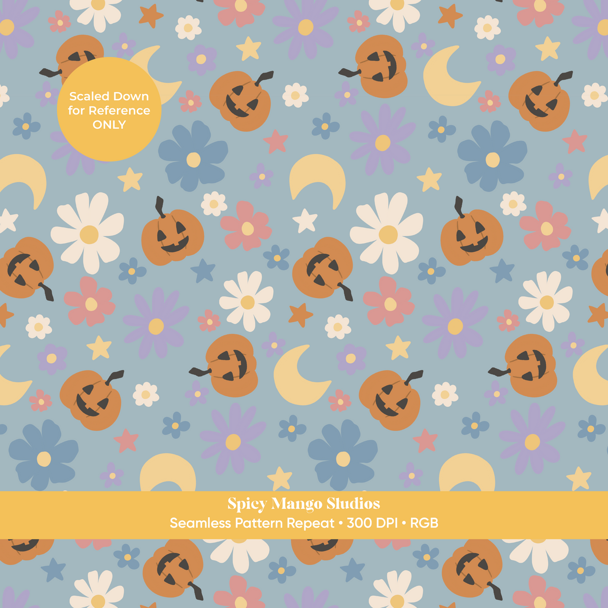 Dusty Blue Halloween Pumpkin Floral Seamless Pattern