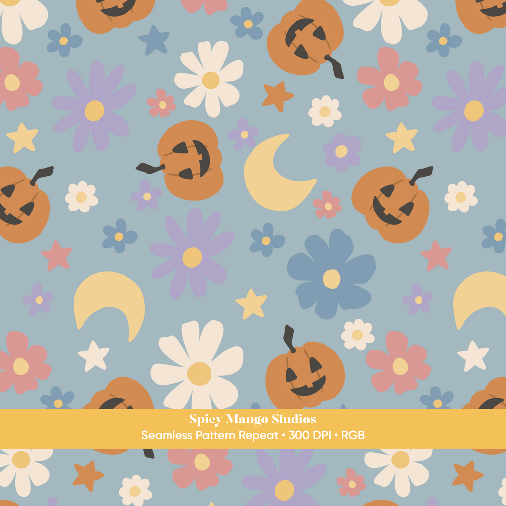 Dusty Blue Halloween Pumpkin Floral Seamless Pattern