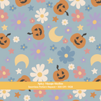 Dusty Blue Halloween Pumpkin Floral Seamless Pattern