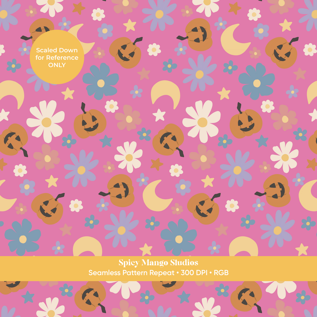 Hot Pink Halloween Pumpkin Floral Seamless Pattern