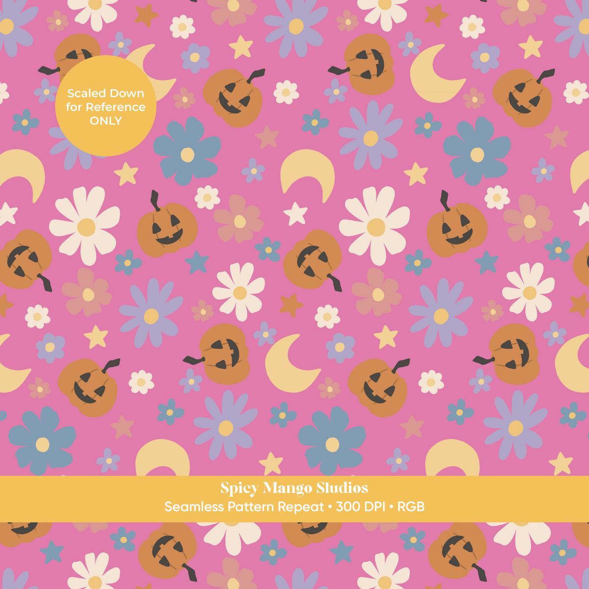 Hot Pink Halloween Pumpkin Floral Seamless Pattern