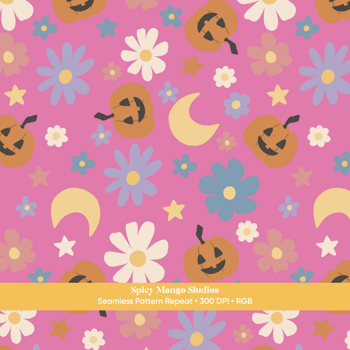 Hot Pink Halloween Pumpkin Floral Seamless Pattern