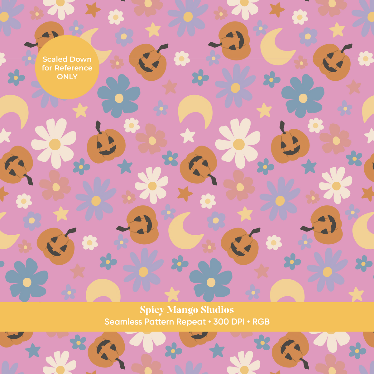 Pink Halloween Pumpkin Floral Seamless Pattern