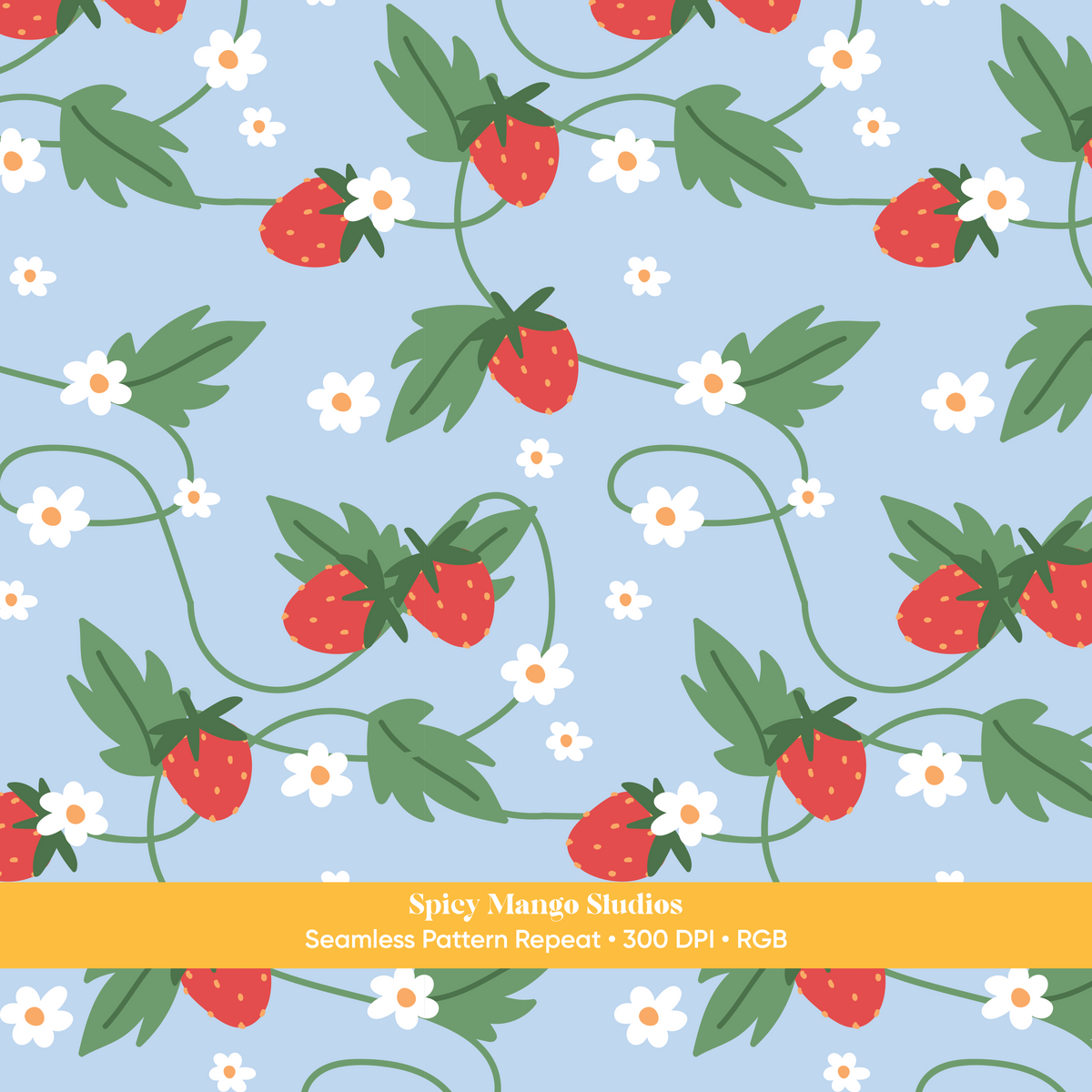 Blue Strawberry Summer Seamless Pattern