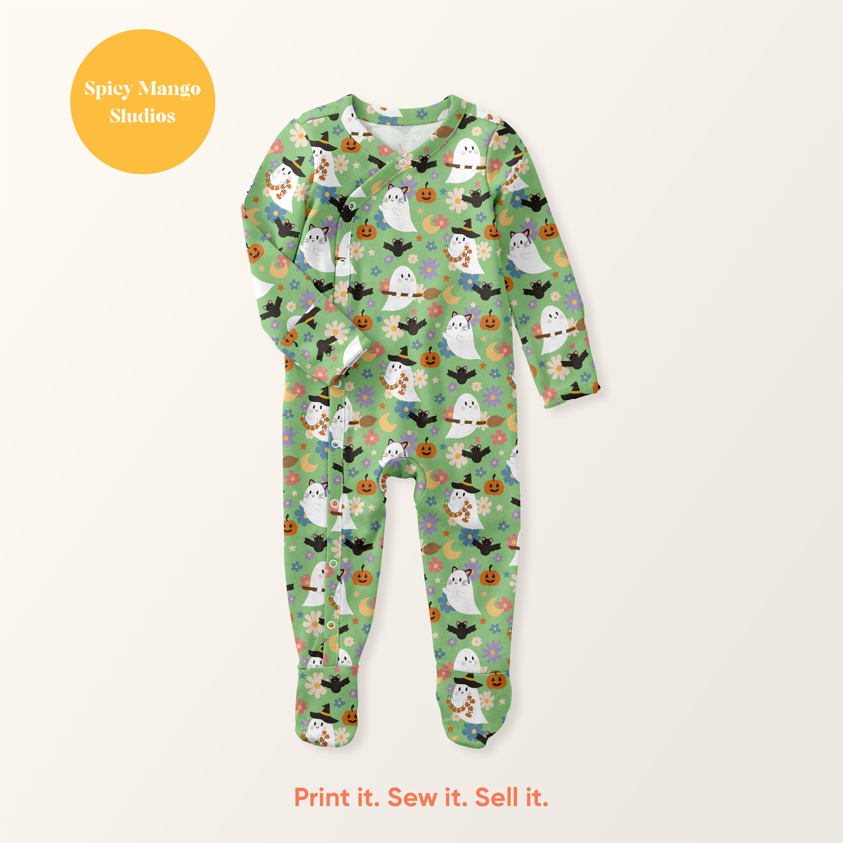 Green Halloween Ghost Seamless Pattern