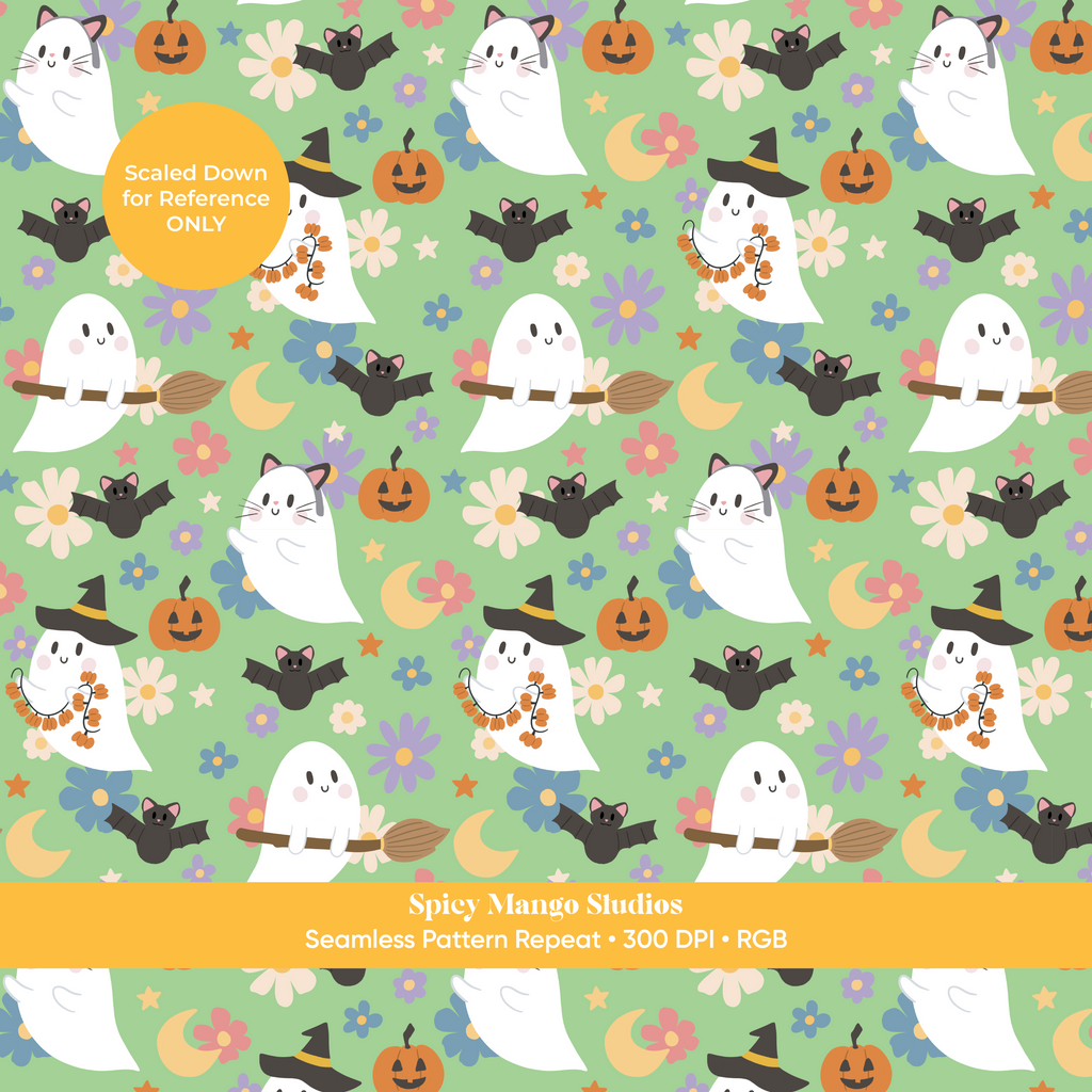 Green Halloween Ghost Seamless Pattern