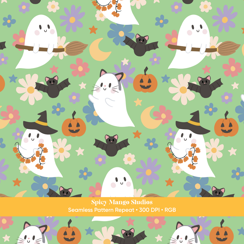 Green Halloween Ghost Seamless Pattern